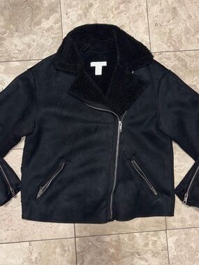 Black faux suede biker Jacket with Teddy lining Two pockets